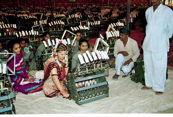 The Gandhian part of the wedding ceremony: spinning a quantum of yarn, Savarkundla, 1994.