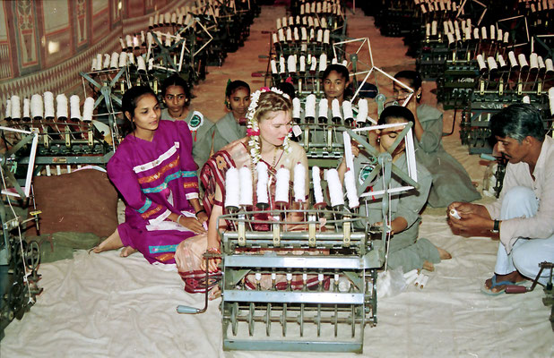 The Gandhian part of the wedding ceremony: spinning a quantum of yarn, Savarkundla, 1994.