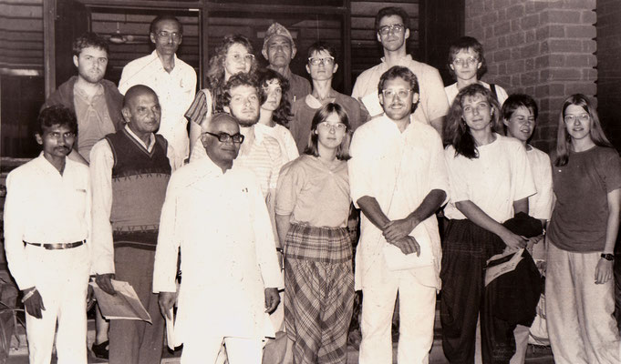 The group together with staff and the director (front centre) of the Gandhi Ashram in Ahmedabad, 1987.