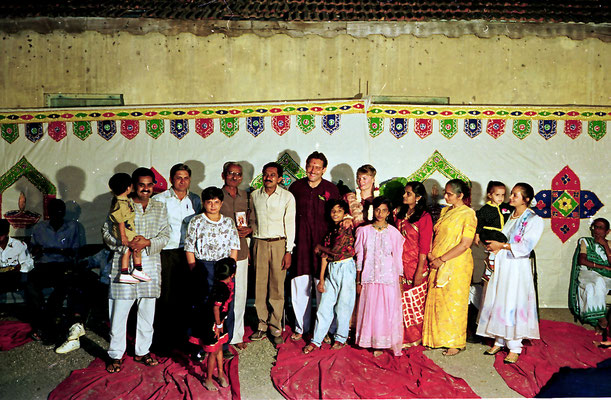 The newly wed couple posing with friends during a reception at Rashtriyashala Ashram, Rajkot, Gujarat, 1994.