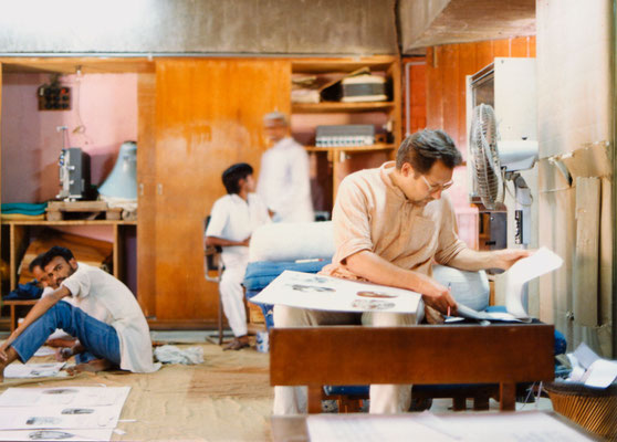 Preparing the exhibition "Our days with Bapu", Gandhi Ashram, Ahmedabad, 1991. 