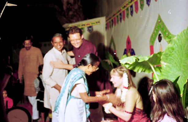 The newly wed couple receiving blessings and presents during a reception at Rashtriyashala Ashram, Rajkot, Gujarat, 1994.