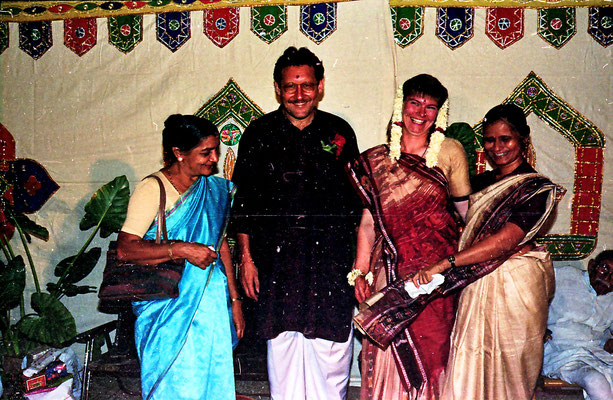 The newly wed couple posing with friends during a reception at Rashtriyashala Ashram, Rajkot, Gujarat, 1994.