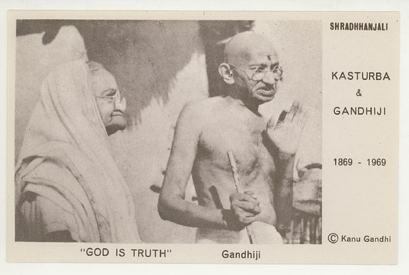 c. 2000 copies of a postcard (9 x 13.5cm) produced for Gandhi’s centenary, depicting Mahatma and Kasturba Gandhi. Writeup on the front: “Shradhhanjali – Kasturba & Gandhiji – 1869-1969 – “GOD IS TRUTH” – Gandhiji - (c) Kanu Gandhi”. The reverse is blank.