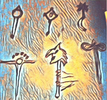 Les sceptres gaulois. Celui avec une tête biscornue doit être un bâton de magicien, ce sont des racines.