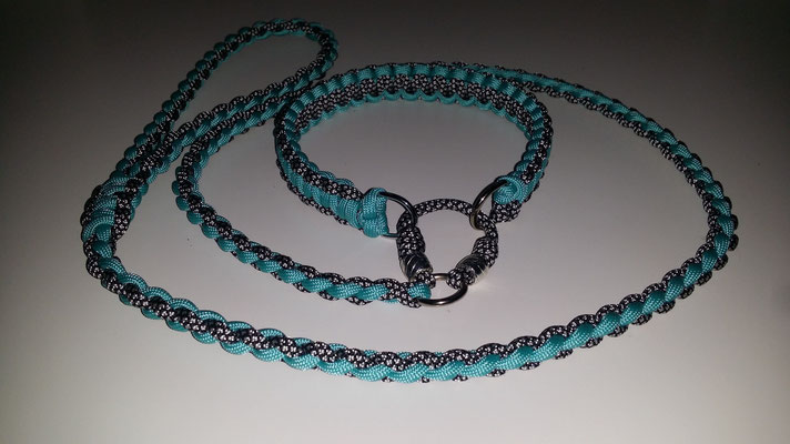 Agilityleine 4-fach rundgeflochten mit Cobrahalsung, Handschlaufe und 2 eingearbeiteten Beads in turquoise/silver diamond