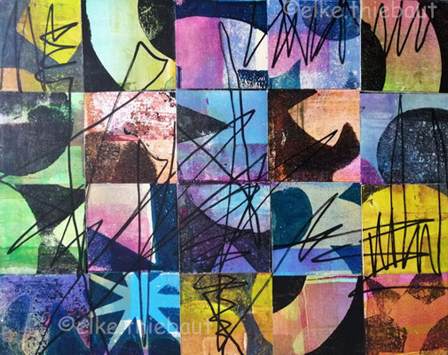  Sans Titre 18/2023, collages de petits cartons peints à l'acrylique et marqueur Posca sur bois, 20 x 25 cm