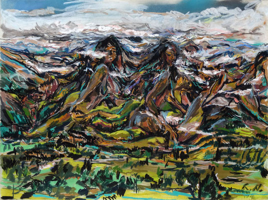 erotische Landschaft - 4 Frauen, Pastell-Kreide/Papier, 60/80 cm, 2015