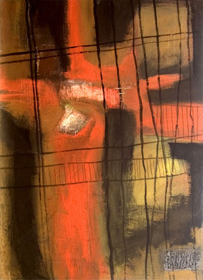 Raster rot   ´06       94/68 cm, Pigment, Kleister, Leim auf Papier, Collage, auf MDF-Platte kaschiert