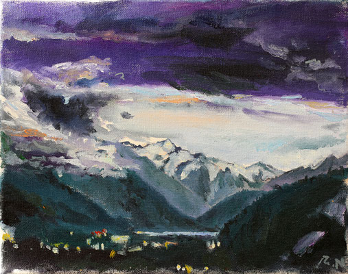 am Abend - schwerer Himmel über dem Zeller See, ÖL/LW, 24/30cm, gerahmt, 2023