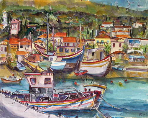 Schiffe u. Boote vor Ormos/Samos, Aquarell, 40/50 cm, 2009