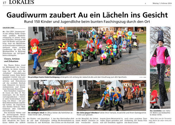 D´Oberlandler Garde Faschingszug in Au b. Bad Aibling - Artikel Mangfallbote 05.04.2024