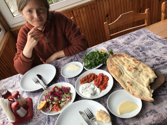 Alles kommt zusammen mit dem Salat (Restliches Essen kam später) / Everything came with the salad (remaining food still on the way)