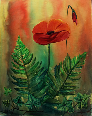 "Mohn im Farn"  (Encaustic und Seidenmalfarben), Malplatte  50 x 40, 280 €