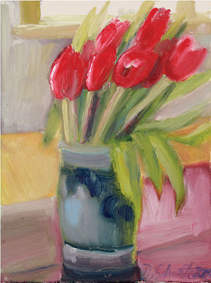 Dorothea Schrade, Tulpen im Steinguttopf, 2011, Öl auf Leinwand, 40 x 30 cm