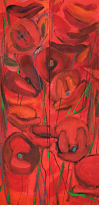 Dorothea Schrade, Mohndyptichon, 1998, ÖL/LW, 205x100 cm