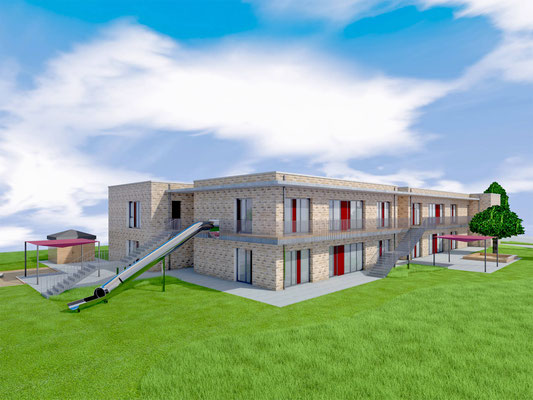 Neubau Kita mit Familienzentrum in Bergheim-Ahe, Ansicht West