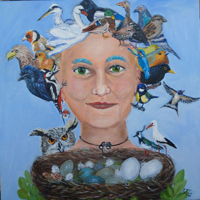Die Vogelfreundin Ölbild 50 x50