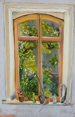 Der Blick in den Garten (Neue Apotheke, Wedel, Künstlergespräch) Pastell 30 x40