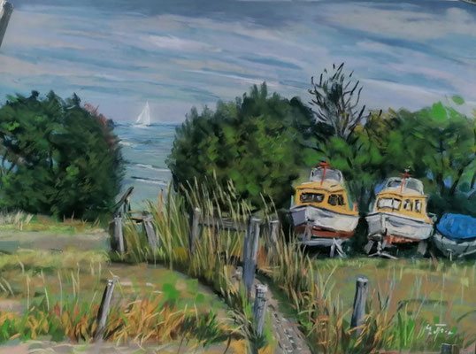 Sommerboote vor Falshöft Pastell 30 x 40 gerahmt 40 x 50 320,_