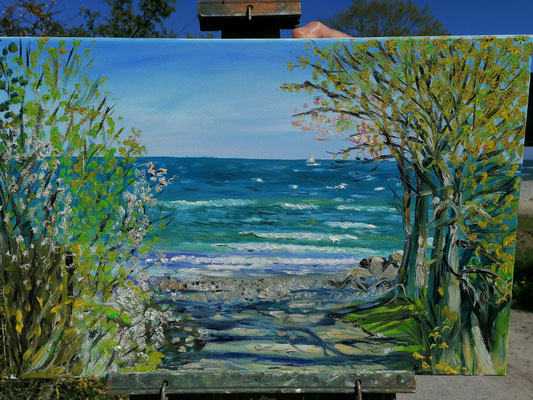 Strandzugang am Leuchtturm Falshöft 40 x 60  Öl 420,-