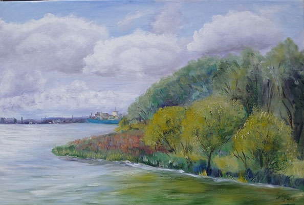 Wedel Schleuse 40 x 60 Ölmalerei (Wedel TV hat mich während des Malens gefilmt)