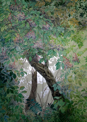 Hollunderbaum  - Leimfarbe auf japanischem Paravent - 120 x 160 cm