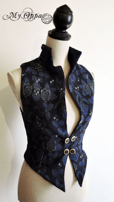 My Oppa gilet Bolero veste steampunk fleurs bleu boutons, veston jacket victorien amazone cavaliere, sorcière medieval