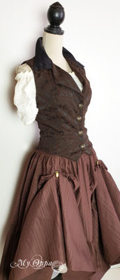 Ensemble steampunk My Oppa, gilet baroque brocart avec boutonnage, jupe relevable longue marron, chemise sur épaules
