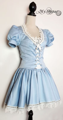Steampunk Alice in Wonderland costume: jacket, skirt, petticoat, and bow brooch.