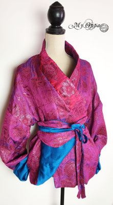 Création My Oppa Veste kimono bleu fushia brocart casual avec obi/Casual fuchsia blue brocade kimono jacket with obi