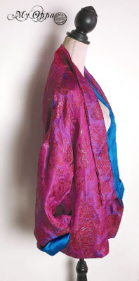 Création My Oppa Veste kimono bleu fushia brocart casual avec obi/Casual fuchsia blue brocade kimono jacket with obi