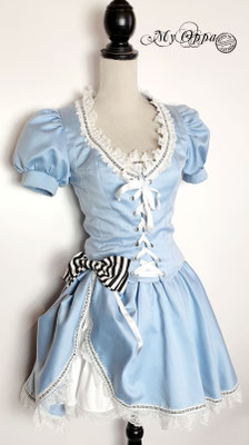 Steampunk Alice in Wonderland costume: jacket, skirt, petticoat, and bow brooch.