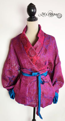 Création My Oppa Veste kimono bleu fushia brocart casual avec obi/Casual fuchsia blue brocade kimono jacket with obi