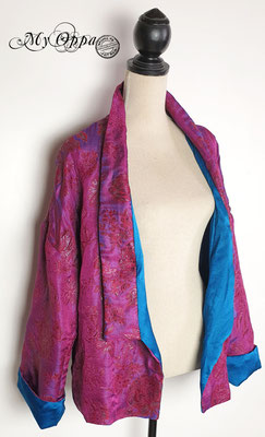 Création My Oppa Veste kimono bleu fushia brocart casual avec obi/Casual fuchsia blue brocade kimono jacket with obi