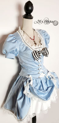 Steampunk Alice in Wonderland costume: jacket, skirt, petticoat, and bow brooch.