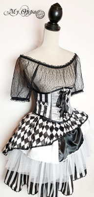 Ensemble tenue arlequin costume noir blanc jupe boléro serre taille chemise