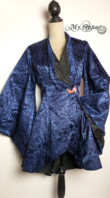 My Oppa Manteau kimono papillon de nuit, veste bleue ceinture Obi broche papillon origami japonais gothique mariage cérémonie coat jacket