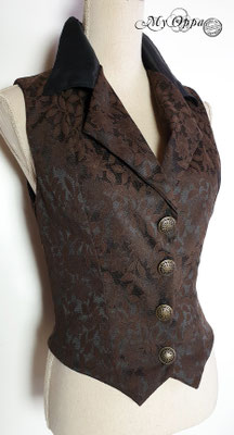 Ensemble steampunk My Oppa, gilet baroque brocart avec boutonnage, jupe relevable longue marron, chemise sur épaules