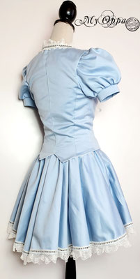Steampunk Alice in Wonderland costume: jacket, skirt, petticoat, and bow brooch.