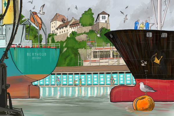 Werbekarte mit Badi und Schloss Burgdorf.