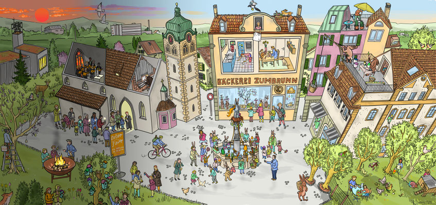 Wimmelbild für die reformierte Landeskirche des Kantons Zürich zum Thema "Ostern und Osterbräuche".