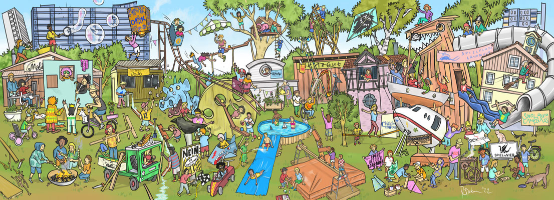 Wimmelbild zu den Spielplätzen der Stadt Bern. Kunde: DOK Bern.