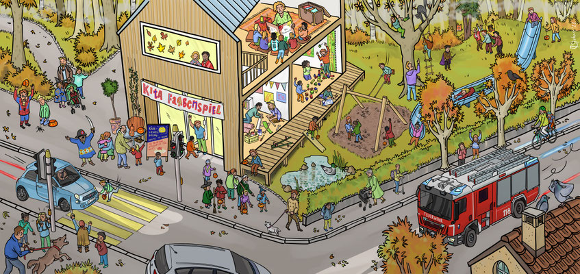 Wimmelbild für die reformierte Landeskirche des Kantons Zürich zum Thema "Kinderängste".