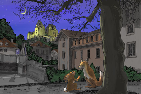 Fuchs und Hase treffen sich in der burgdorfer Oberstadt. 