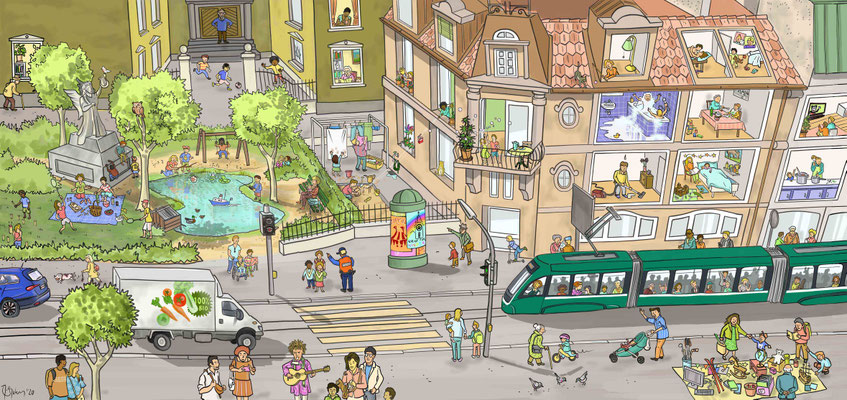 Wimmelbild für die reformierte Landeskirche des Kantons Zürich zum Thema "Kinder bringen Leben".