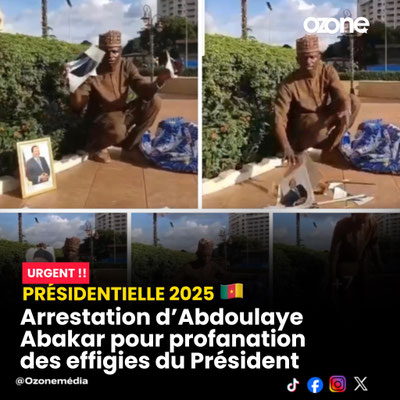 Un homme arrêté pour avoir profané les effigies du Président Paul Biya  Abdoulaye Abakar, présenté comme un sympathisant de Issa Tchiroma Bakary, a été interpellé après la diffusion d’une vidéo où on le voit déchirer les effigies du Président de la Républ