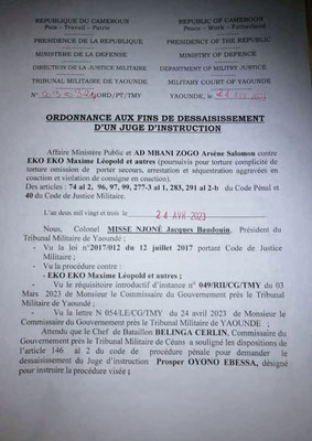 Ordonnance portant remplacement du magistrat Ebessa par le Lt colonel Florent Sikati page 1