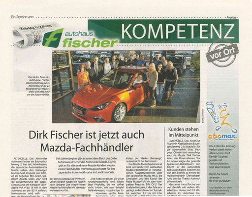 Eingescannter Zeitungsartikel über das Autohaus Fischer.