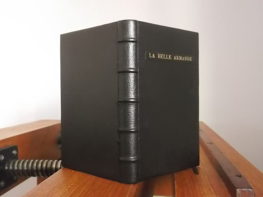 Travail sur petits livre:livre plein cuir, dos à 5 nerfs, XIX°s. Format poche, épaisseur de 1,4 cm obligeant à poser le titrage sur la couverture et non sur le dos
